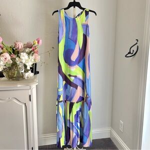 Susan Graver Liquid Knit Abstract Print Sleeveless Jersey Tiered Maxi Dress, XS